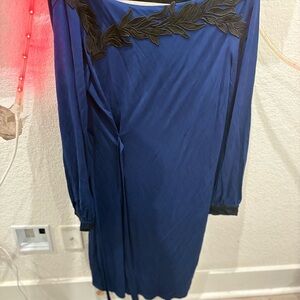 Rimini Elegant Blue Dress with Black Leaf Detail